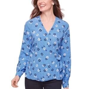 Talbots Daisy Floral Print Long Sleeve Blue Tie Wrap Top Large